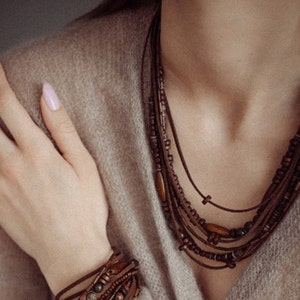 Layered boho bead necklace, multiple leather and bead string necklace, multi string bohemian bead jewelry image 8