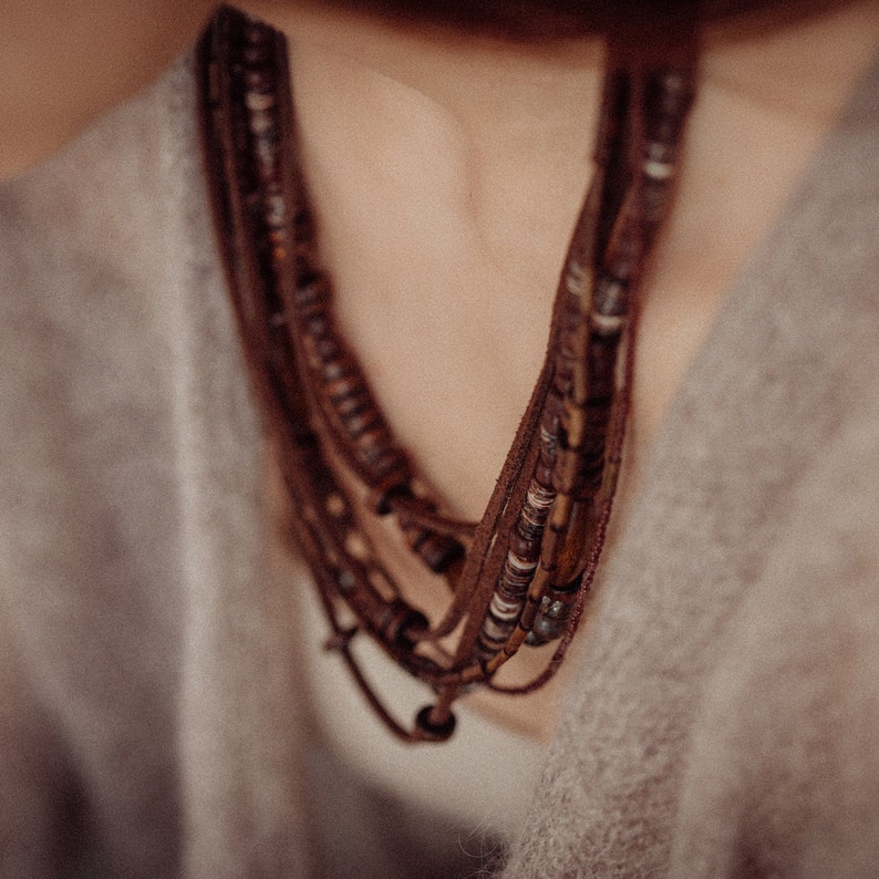 Layered boho bead necklace, multiple leather and bead string necklace, multi string bohemian bead jewelry image 7