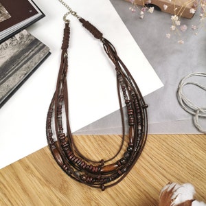 Layered boho bead necklace, multiple leather and bead string necklace, multi string bohemian bead jewelry image 10