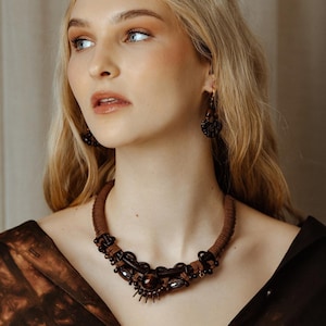 Short Boho Bib Necklace, Leather Cord Braided Necklace With Beads