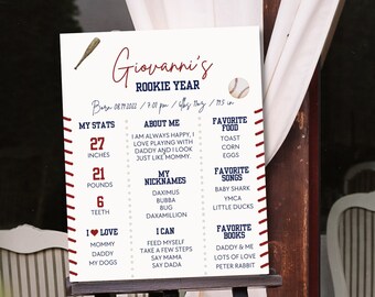 Letrero con estadísticas de novato en béisbol: Primer cumpleaños (plantilla editable)