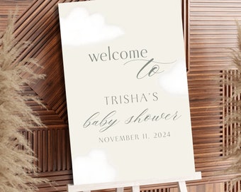 Plantilla de letrero de bienvenida para baby shower con nubes (descarga digital)