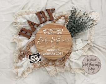 May include: A wooden announcement sign with the text "WE CAN'T WAIT TO MEET YOU Baby Williams ARRIVING JANUARY 2025". The sign is surrounded by wooden letters spelling "BABY", a sonogram, baby socks, and a wooden bead garland.