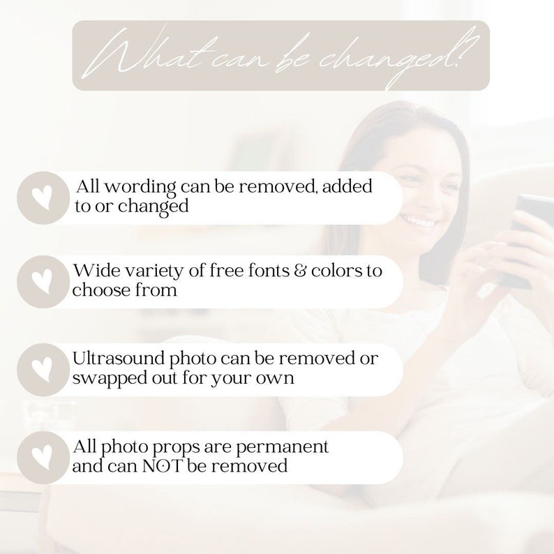 Puede incluir: Un gr&aacute;fico con cuatro corazones y texto que explica qu&eacute; se puede cambiar en una imagen de ultrasonido personalizada. El texto dice: "&iquest;Qu&eacute; se puede cambiar?" "Todo el texto se puede eliminar, agregar o cambiar." "Amplia variedad de fuentes y colores gratuitos." "La foto de ultrasonido se puede eliminar o reemplazar por la suya." "Todos los accesorios de fotos son permanentes y NO se pueden eliminar."