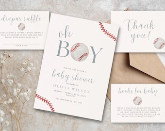 Può includere: Un invito a un baby shower a tema baseball con cuciture rosse e una grafica di una palla da baseball. L'invito recita "Oh Boy!" e include i dettagli dell'evento: "Si prega di unirsi a noi per un baby shower in onore di Olivia Wilson, domenica 11 febbraio 2024, 14:00, 123 Anywhere St., Any City."