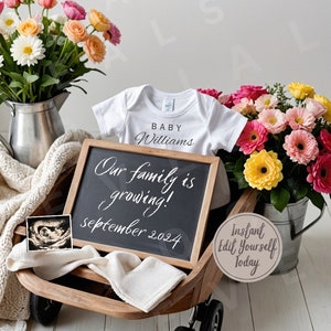 Garten Digitale Schwangerschaftsankündigung Frühling Baby offenbaren Geburtsankündigung Bearbeitbare Vorlage Schwangerschaft Unsere Familie wächst