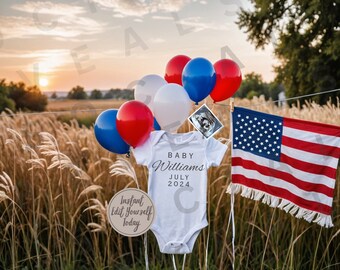 May include: A white onesie with the text "Baby Williams July 2024" on it. The onesie is hanging on a clothesline with red, white, and blue balloons and an American flag. There is a round wooden sign that says "Instant Edit Yourself Today".