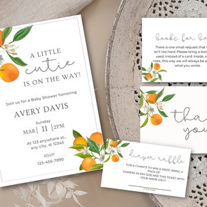 Little Cutie Baby Shower Invitation Template, Orange Citrus Baby Shower Digital Bundle, Editable Neutral Baby Shower