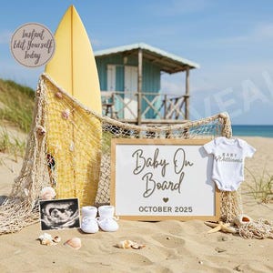 Pregnancy Announcement Summer Digital Template Pregnancy Editable Photo Announcement for Surf Baby Reveal Gender Neutral Beach Pregnancy