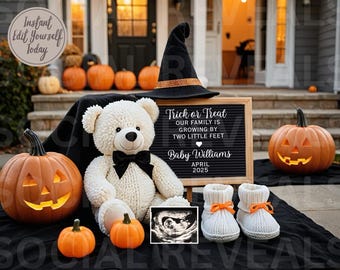 May include: A Halloween-themed pregnancy announcement with a white teddy bear, pumpkins, and a chalkboard sign that reads "Trick or Treat Our Family is Growing by Two Little Feet Baby Williams April 2025".