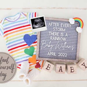 Rainbow Baby digitale zwangerschapsaankondiging voor sociale media. Bewerkbaar na elke storm-zwangerschapsaankondiging.