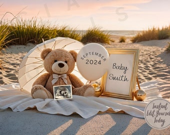 Digital Pregnancy Announcement Beach Announcement for Neutral Pregnancy Editable Template Announcement Summer Baby