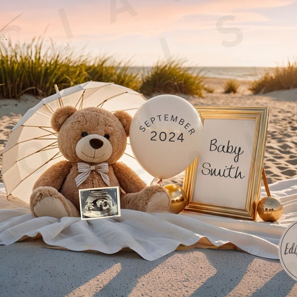 Digital Pregnancy Announcement Beach Announcement for Neutral Pregnancy Editable Template Announcement Summer Baby