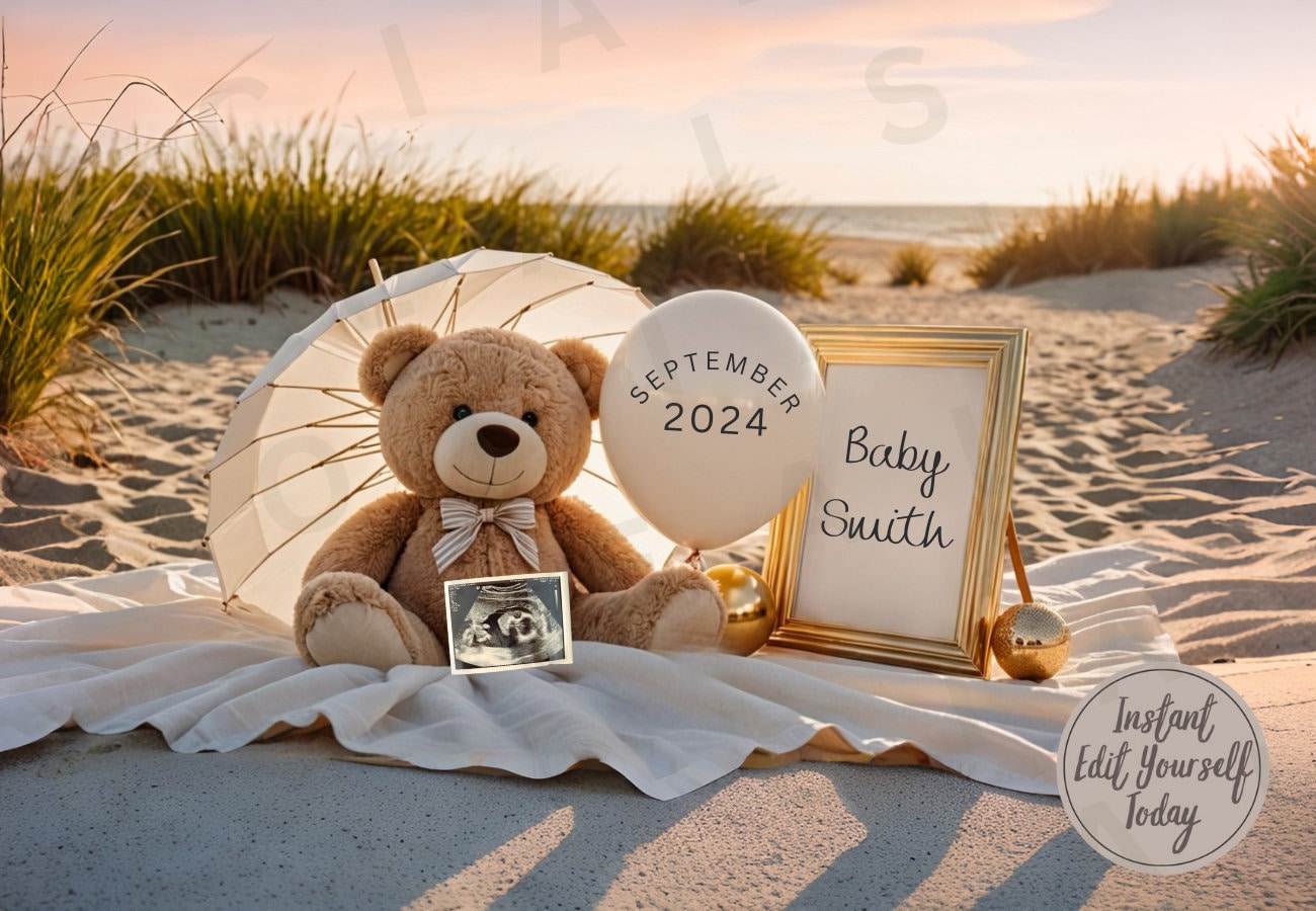 Digital Pregnancy Announcement Beach Announcement for Neutral Pregnancy Editable Template Announcement Summer Baby
