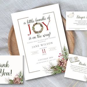 Pequeño paquete de plantilla de invitación de ducha de alegría, paquete digital de baby shower de Navidad, baby shower de invierno editable