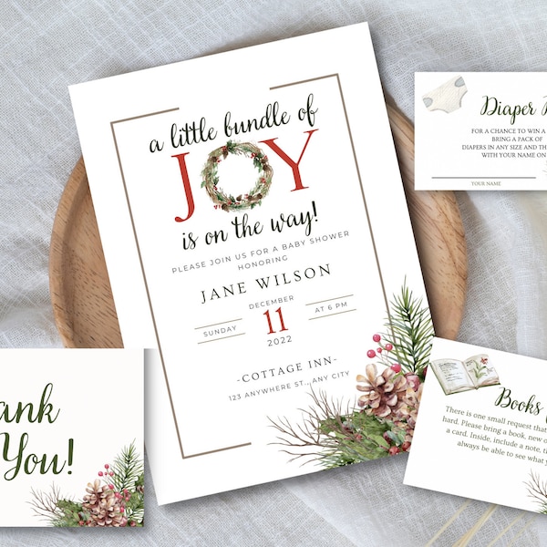 Little Bundle of Joy Shower Invitation Template, Christmas Baby Shower Digital Bundle, Editable Winter Baby Shower