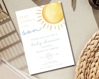 May include: A baby shower invitation with a watercolor illustration of a sun. The text reads "Here comes the son. Please join us for a baby shower honoring Wesley & Sabrina. Sunday July 23rd at 12pm. 1238 Ant Street, Antcity State 00000. RSVP to Sabrina 123-456-7890."