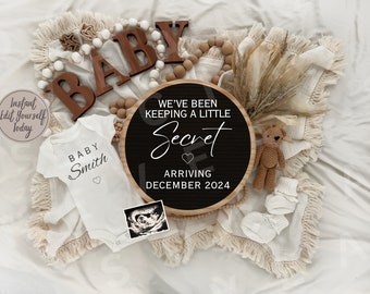 May include: A pregnancy announcement with a white babygrow printed with "BABY Smith", a sonogram, and a circular sign saying "WE'VE BEEN KEEPING A LITTLE Secret ARRIVING DECEMBER 2024". Decorative elements include wooden beads and a small teddy bear.