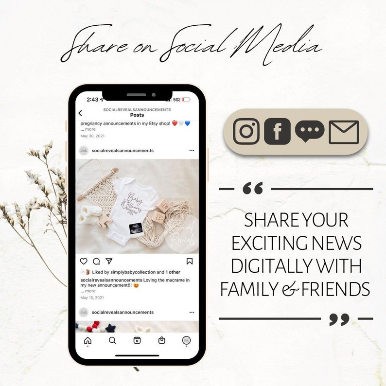 Puede incluir: Una captura de pantalla de una publicaci&oacute;n en redes sociales que muestra un anuncio de embarazo en una tienda de Etsy. La publicaci&oacute;n presenta un body blanco con el texto "Baby Williams" y una pared de macram&eacute;. El pie de foto dice "&iexcl;anuncios de embarazo en mi tienda de Etsy!" e incluye un enlace a la tienda.