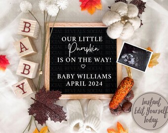 Fall Digital Pregnancy Announcement for Social Media. Editable Fall Pregnancy Announcement. Little Pumpkin Instant Download.
