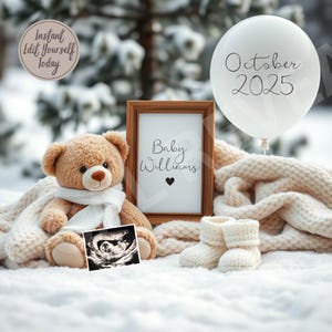 Winter Pregnancy Announcement Digital Cozy Baby Reveal for Social Media Editable Template Pregnancy Announcement Bear Photo