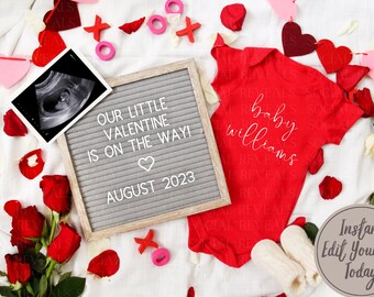 May include: A letter board with the text "Our little Valentine is on the way! August 2023" surrounded by red and white hearts, a red onesie with the text "baby williams" and an ultrasound image.