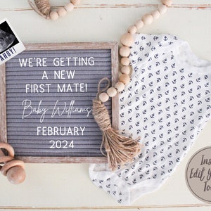 Digital Pregnancy Announcement for Social Media Editable Nautical Pregnancy Announcement Beach Template. Baby Reveal.