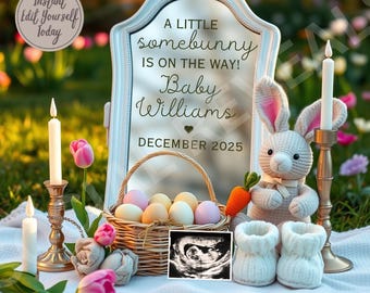 May include: A white mirror with a gold frame, decorated with a bunny, candles, and Easter eggs. The mirror has the text "A little somebunny is on the way! Baby Williams December 2025".