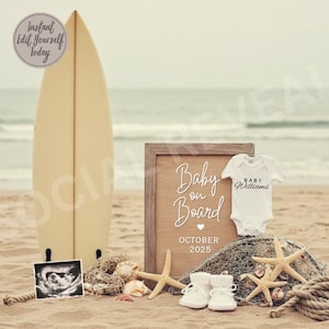 Summer Pregnancy Announcement Digital Surf Pregnancy Editable Photo Template for Beach Pregnancy Baby Reveal Social Media Announcement