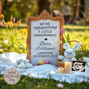 Pregnancy Announcement Easter Digital Template Pregnancy Editable Photo Announcement for Spring Baby Reveal Gender Neutral Pregnancy