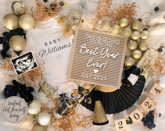 May include: A white onesie with the text "BABY Williams" and a heart. A black and white ultrasound image, gold and black confetti, a letter board with the text "THIS IS GOING TO BE THE Best Year Ever! JULY 2024", a bottle of champagne, and wooden blocks with the numbers 2024.