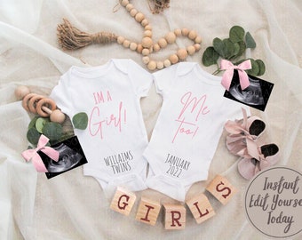 Girl Twins Digital Pregnancy Announcement for Social Media. Editable Gender Reveal Pregnancy Announcement.
