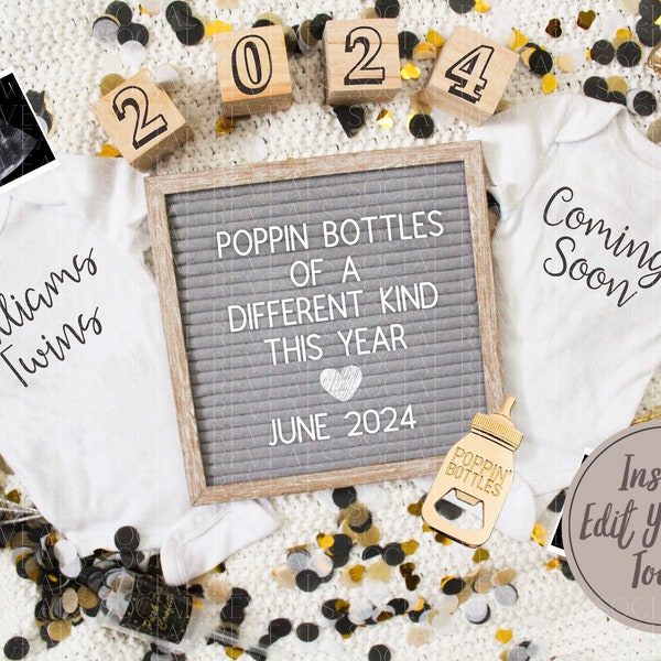 New Years Eve Twin Pregnancy Announcement Digital for Social Media. Editable Poppin Bottles Pregnancy Announcement.