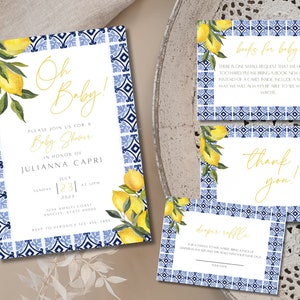 Lemon Blue Tile Baby Shower Invitation Template, Positano Italy Shower Digital Bundle, Editable Amalfi Baby Shower. Italian Baby Shower.