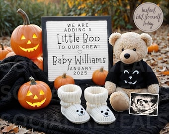 May include: A Halloween-themed pregnancy announcement with a black letter board that reads "We are adding a little boo to our crew! Baby Williams January 2025". There are pumpkins, a teddy bear wearing a black jack-o-lantern sweater, and a pair of white baby booties with a bear face on them. There is also a black and white ultrasound image.