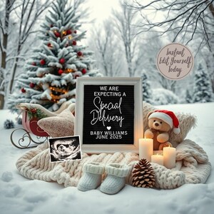 Pregnancy Announcement Christmas Digital Template for Winter Pregnancy Editable Photo Announcement for Social Media Baby Reveal Bear