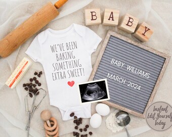 Baking Digital Pregnancy Announcement for Social Media. Editable Something Sweet Pregnancy Announcement.