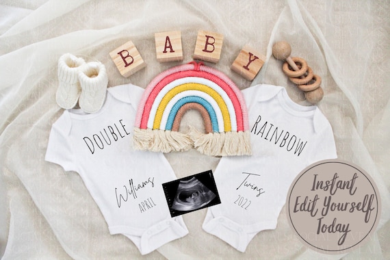 Rainbow Twins Pregnancy Announcement: Editable Social Media (Digital)