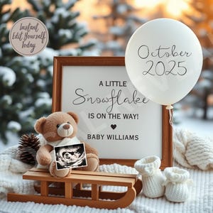 Pregnancy Announcement Winter Digital Baby Reveal for Snowflake Pregnancy Editable Template Social Media Bear Pregnancy Photo