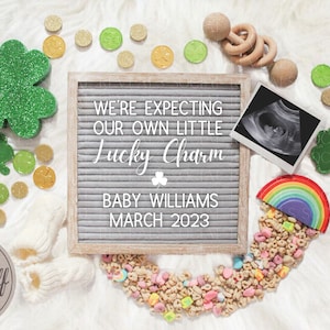 St. Patrick's Digital Pregnancy Announcement for Social Media. Editable Lucky Charm Pregnancy Announcement.