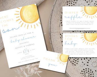 May include: A baby shower invitation with a yellow sun graphic and the text "Here comes the son". The invitation includes details for the shower, including the date, time, and location. There are also two smaller cards, one for a diaper raffle and one for a book request.