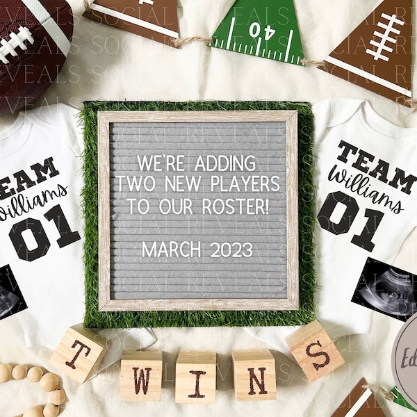 Twin Football Digital Pregnancy Announcement for Social Media. Editable Twins Pregnancy Announcement.