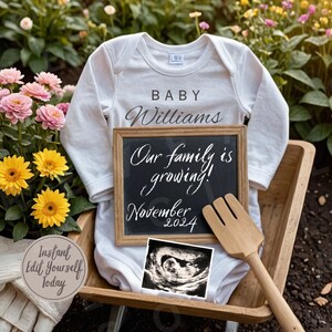 Digitale Schwangerschaftsankündigung Frühling Baby Reveal Geburtsankündigung Bearbeitbare Vorlage Schwangerschaft Garten