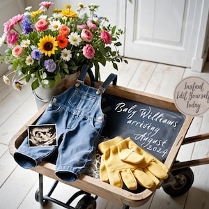 Frühlingsschwangerschaftsanzeige Digital Garden Baby Reveal Geburtsanzeige Editierbare Vorlage Schwangerschaftsfamilie wächst