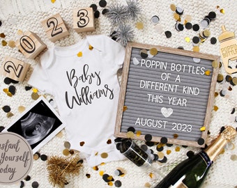New Years Eve Pregnancy Announcement Digital for Social Media. Editable Poppin Bottles Pregnancy Announcement.