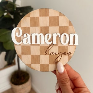 Baby Birth Announcement Sign Checkered Birth Sign Wood Name Sign for Photo Announcement