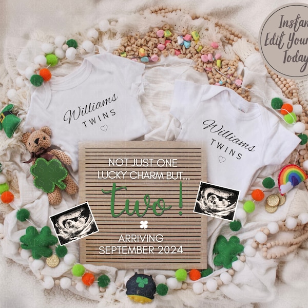 Digital Twin Pregnancy Announcement St Patrick's Day Editable Pregnancy Announcement for Twins Lucky Charm Pregnancy