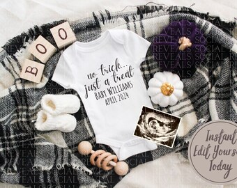 May include: A white onesie with the text "no trick... just a treat" and "Baby Williams April 2024". The onesie is surrounded by a black and white plaid blanket, a wooden block spelling "BOO", a pair of white booties, a white pumpkin, a wooden rattle, and an ultrasound image.