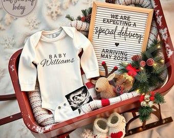 May include: A red sled filled with Christmas decorations, a baby onesie that says "Baby Williams", a letter board that reads "We are expecting a special delivery arriving May 2025", and a small stuffed reindeer.