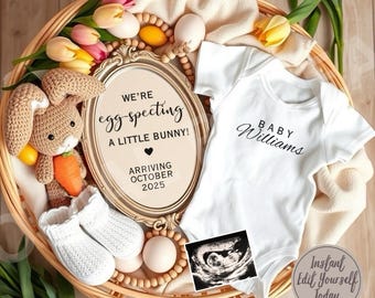 May include: A white onesie with the text "BABY Williams" on it, a framed sign that says "We're egg-specting a little bunny! Arriving October 2025", a crocheted bunny, a basket of eggs, and a sonogram image.